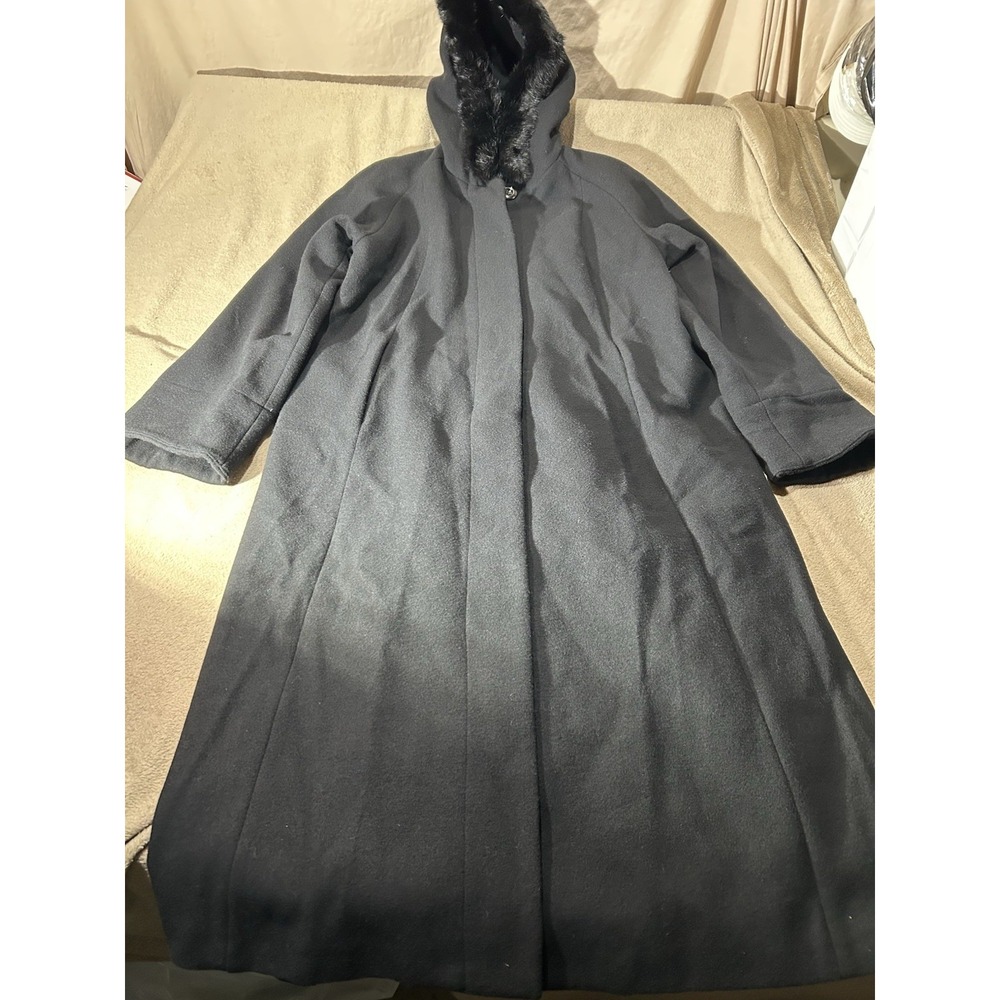Worthington Black 100% Wool Long Overcoat Faux Fur Hood Womens Size 12